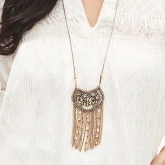 Stella & Dot Analena Pendant Sparkle Fringe Gold Adjustable Statement Necklace - Picture 1 of 7